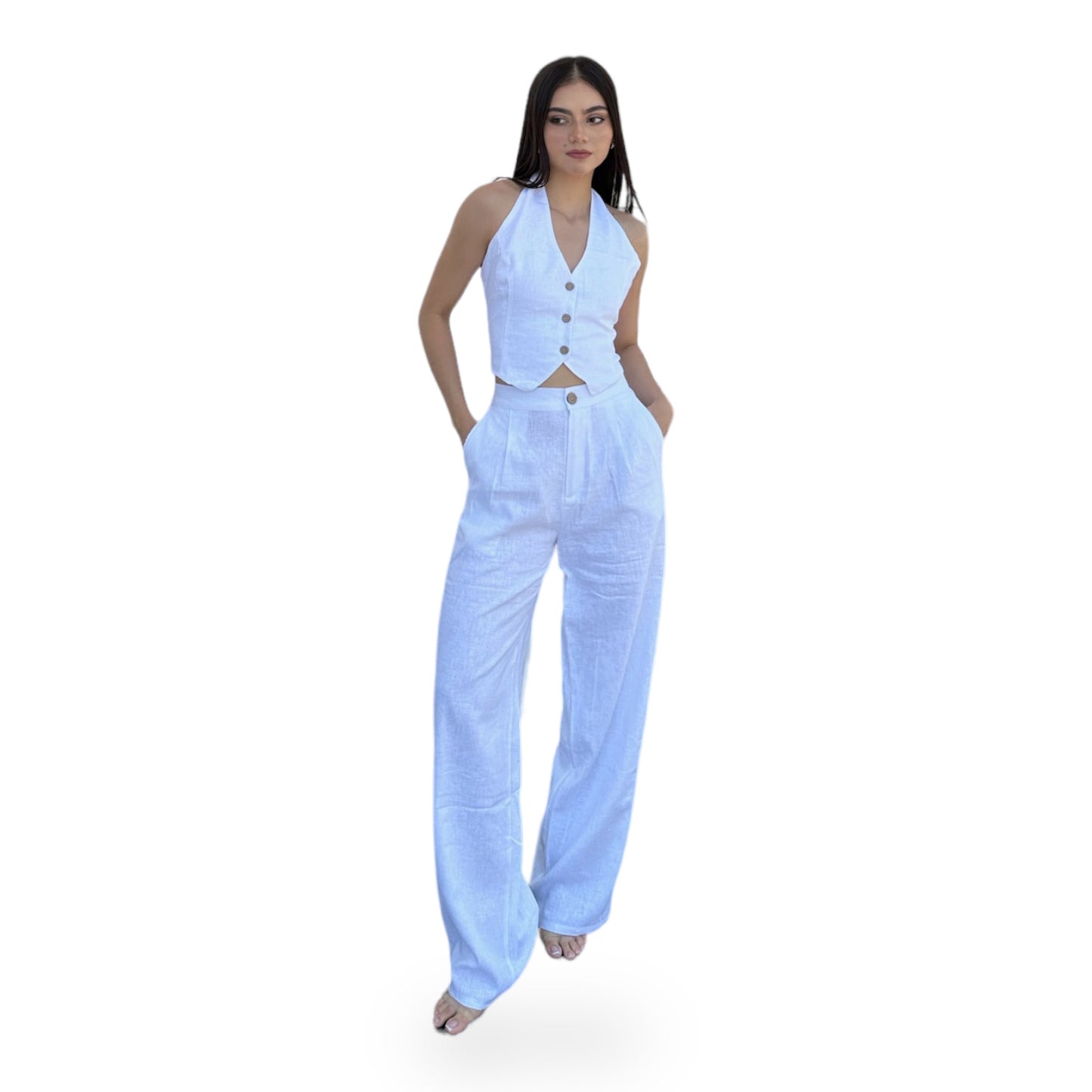 SET CHALECO AL CUELLO PANTALON BLANCO