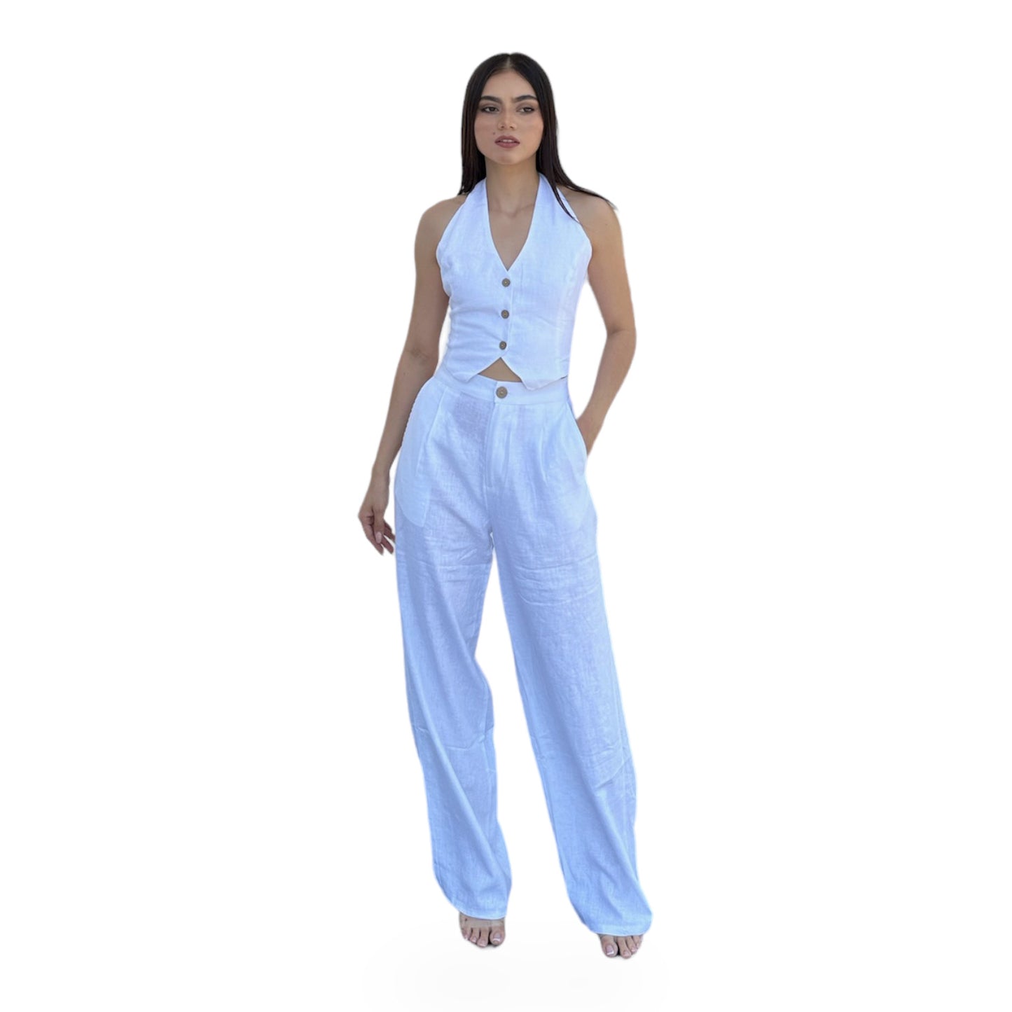 SET CHALECO AL CUELLO PANTALON BLANCO