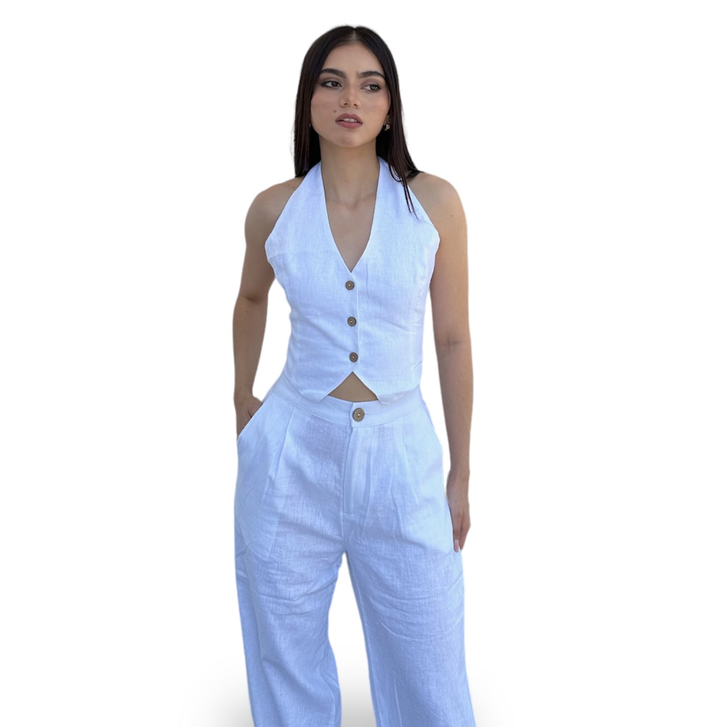 SET CHALECO AL CUELLO PANTALON BLANCO