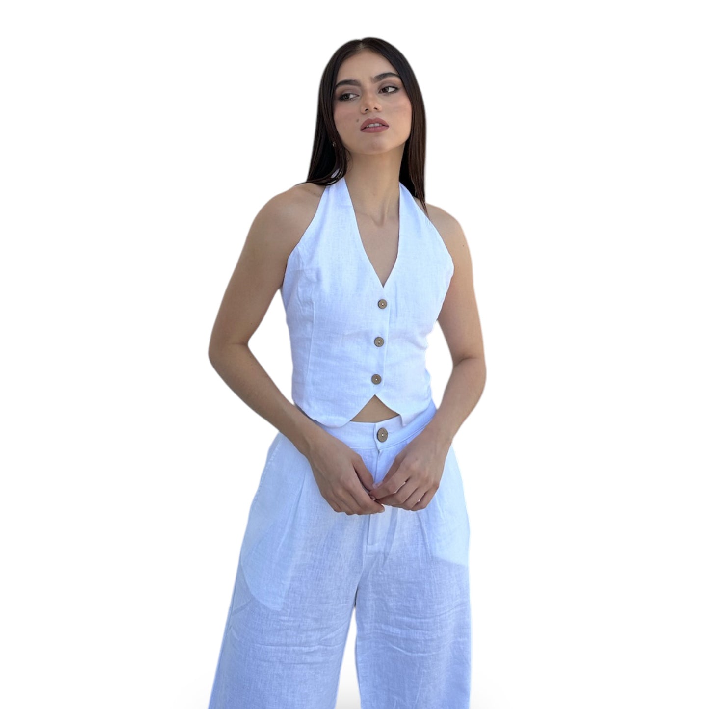 SET CHALECO AL CUELLO PANTALON BLANCO