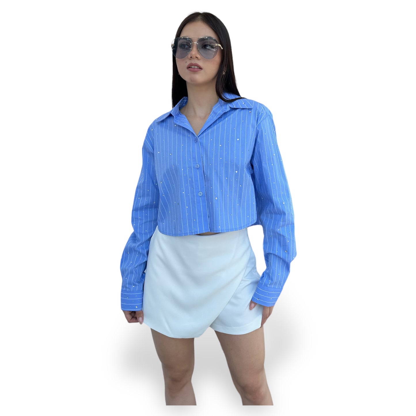 CAMISA AZUL LINEAS BLANCAS CON BRILLOS