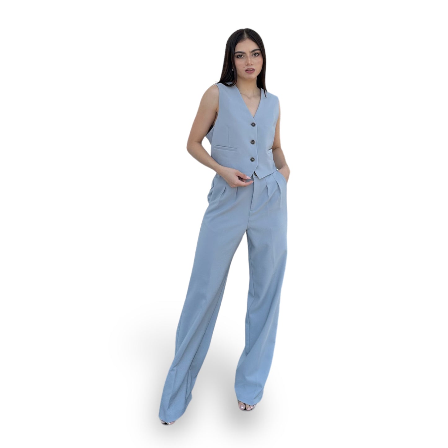 SET CHALECO/PANTALON CON RESORTE ATRÁS GRIS