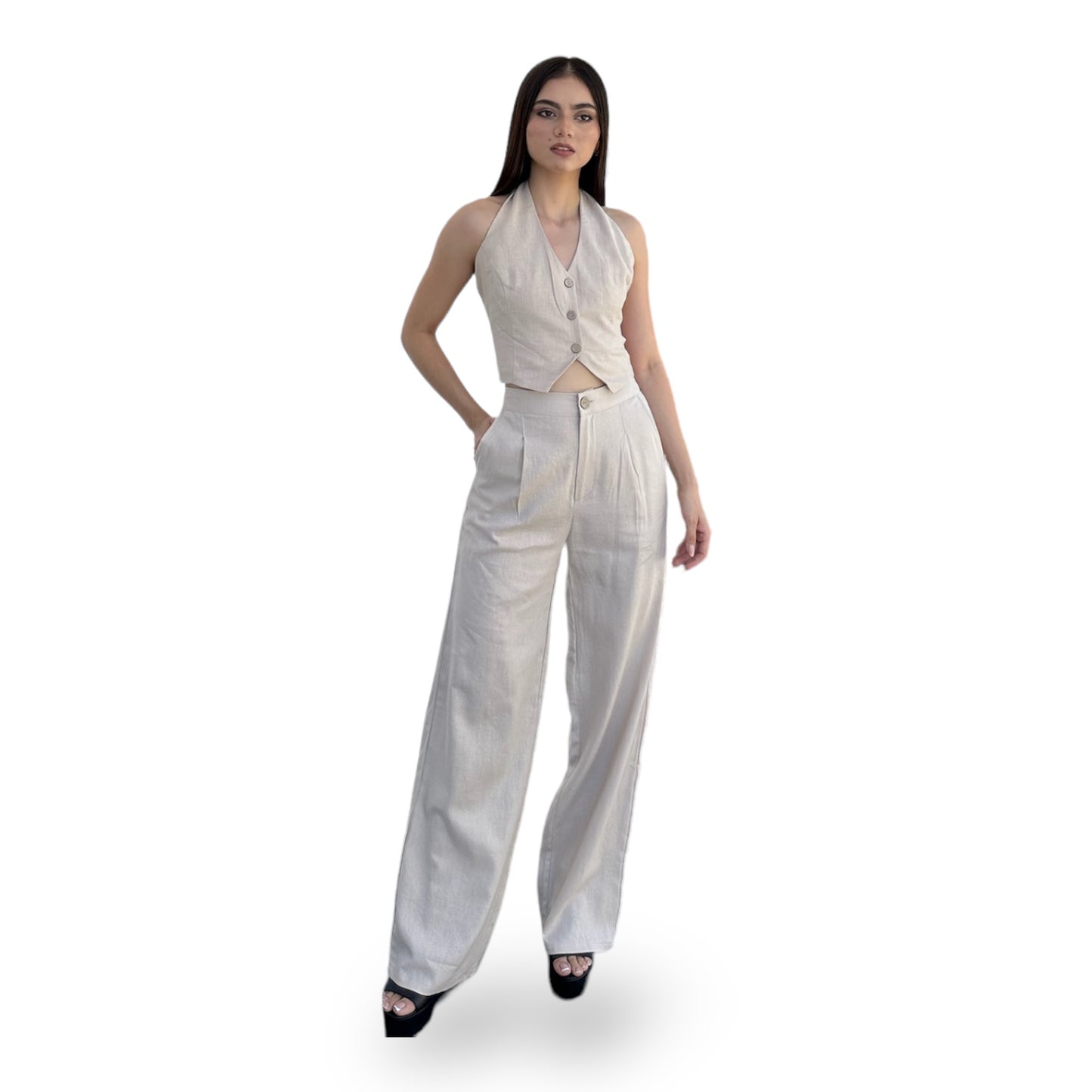 SET CHALECO AL CUELLO PANTALON CAFÉ