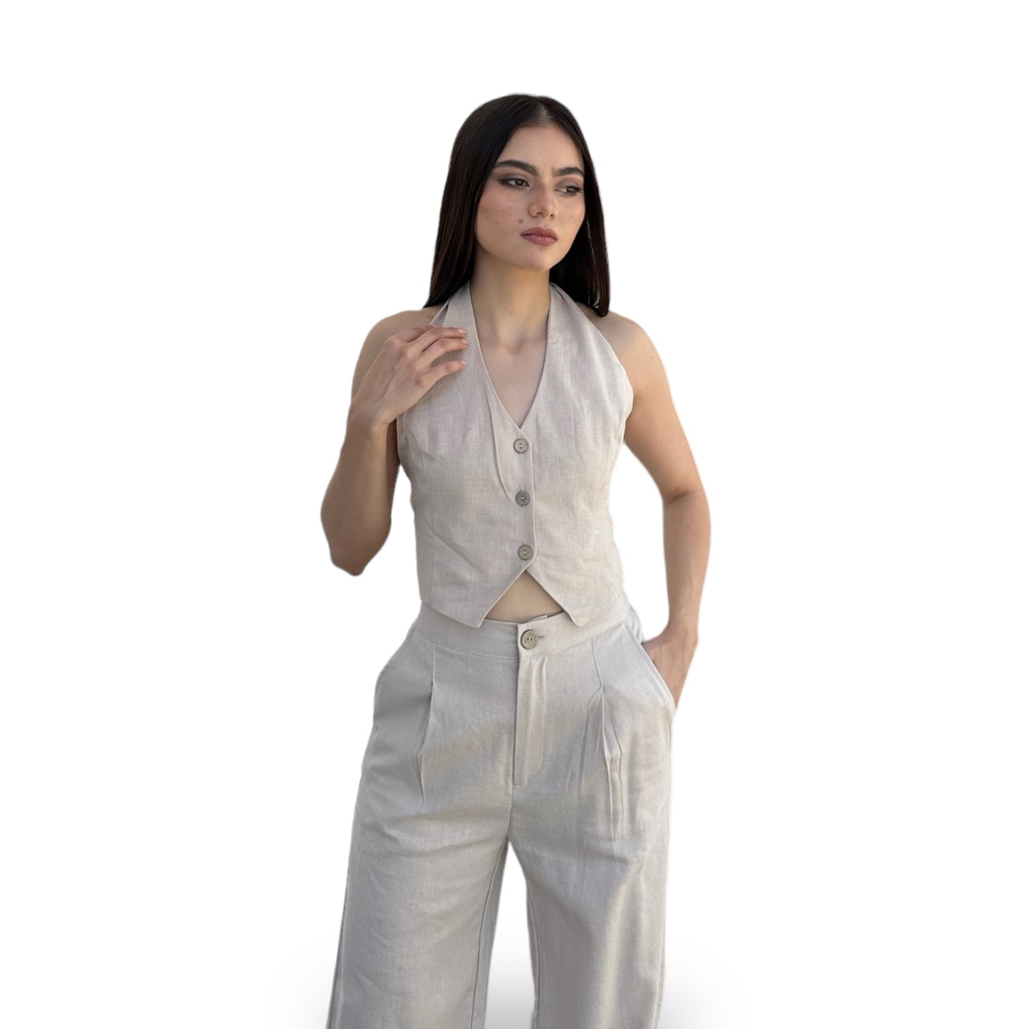 SET CHALECO AL CUELLO PANTALON CAFÉ