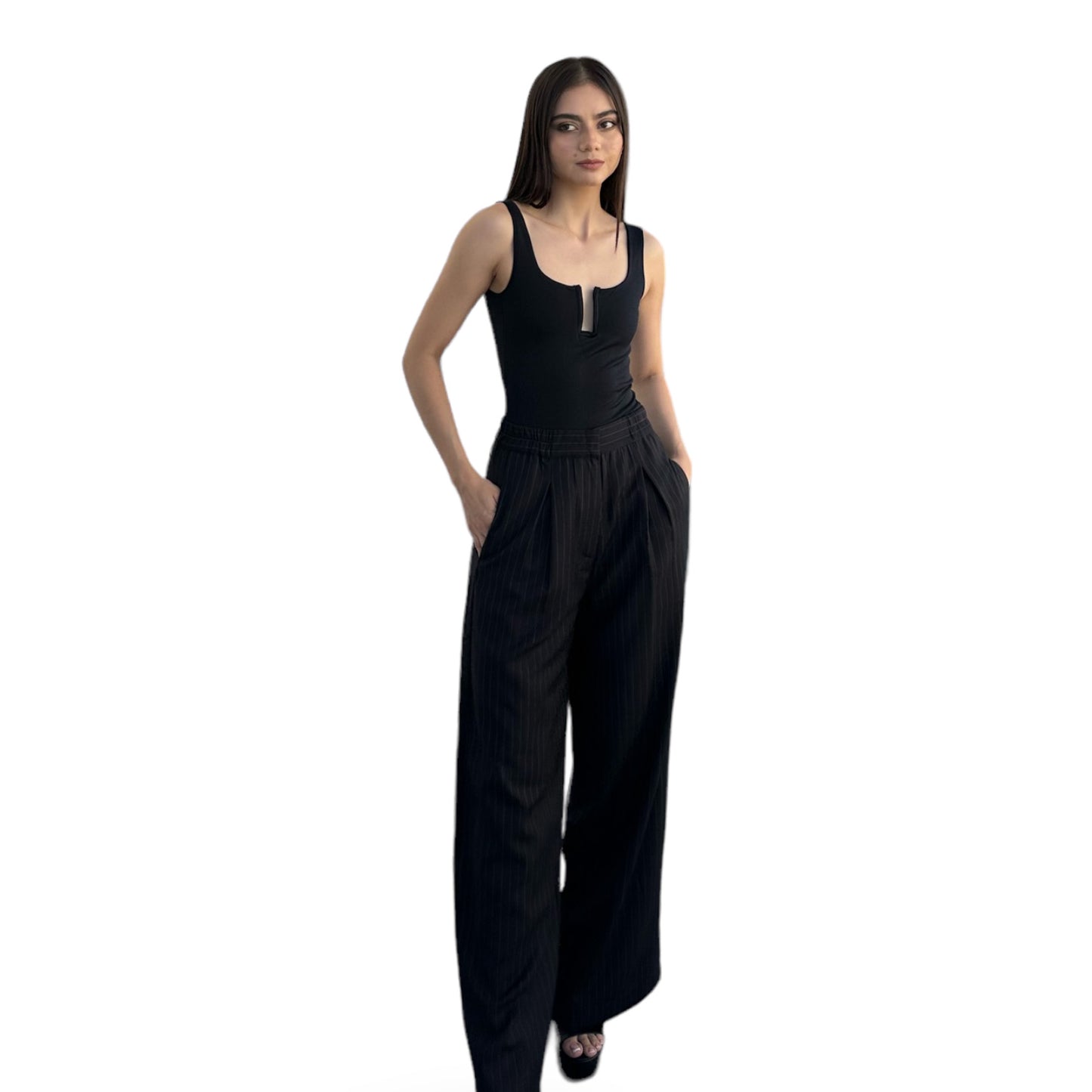 PANTALON SASTRE COLOR NEGRO CON LINEAS BLANCAS