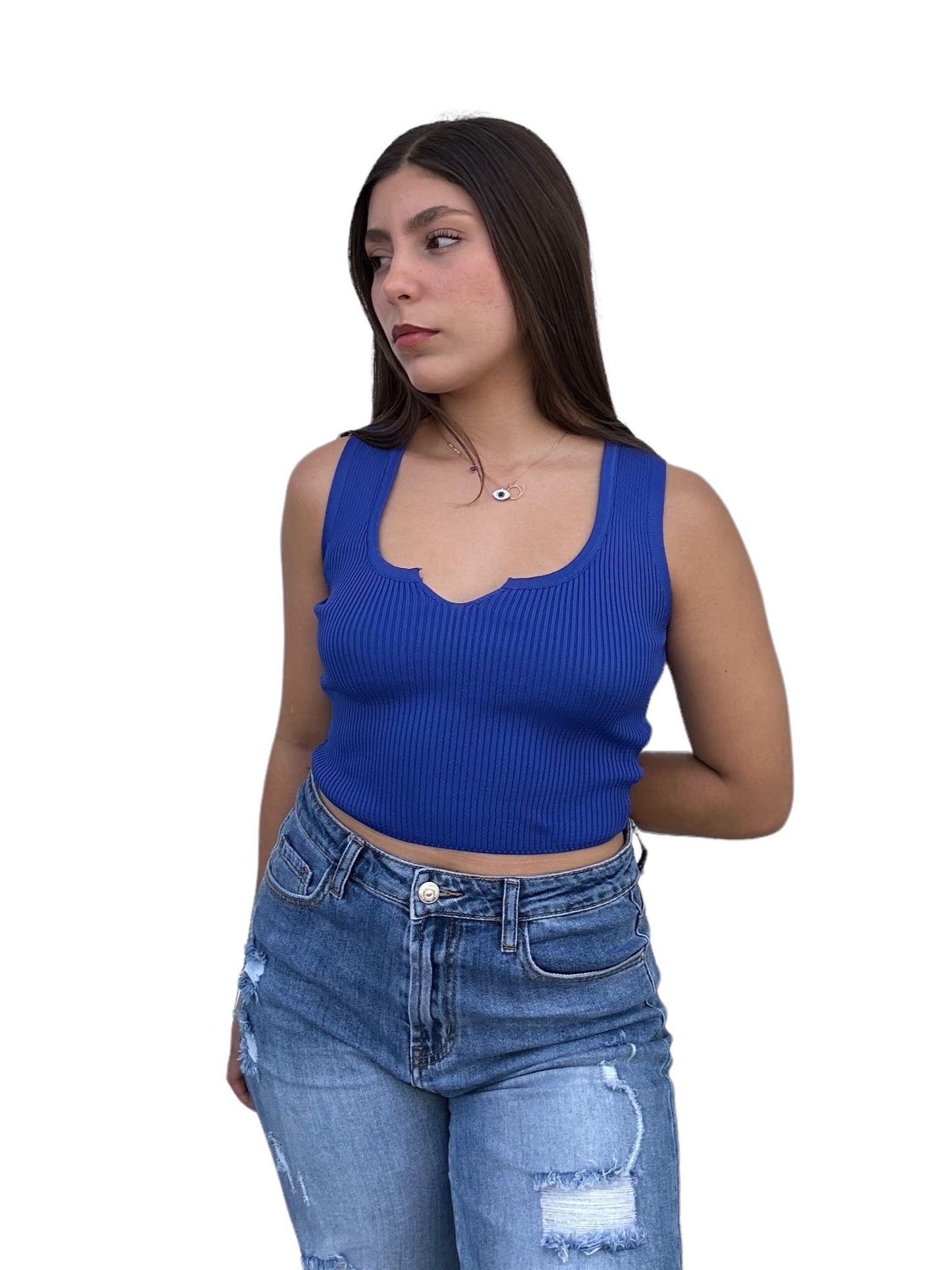 BLUSA SIN MANGAS PEQUEÑO ESCOTE V AZUL REY