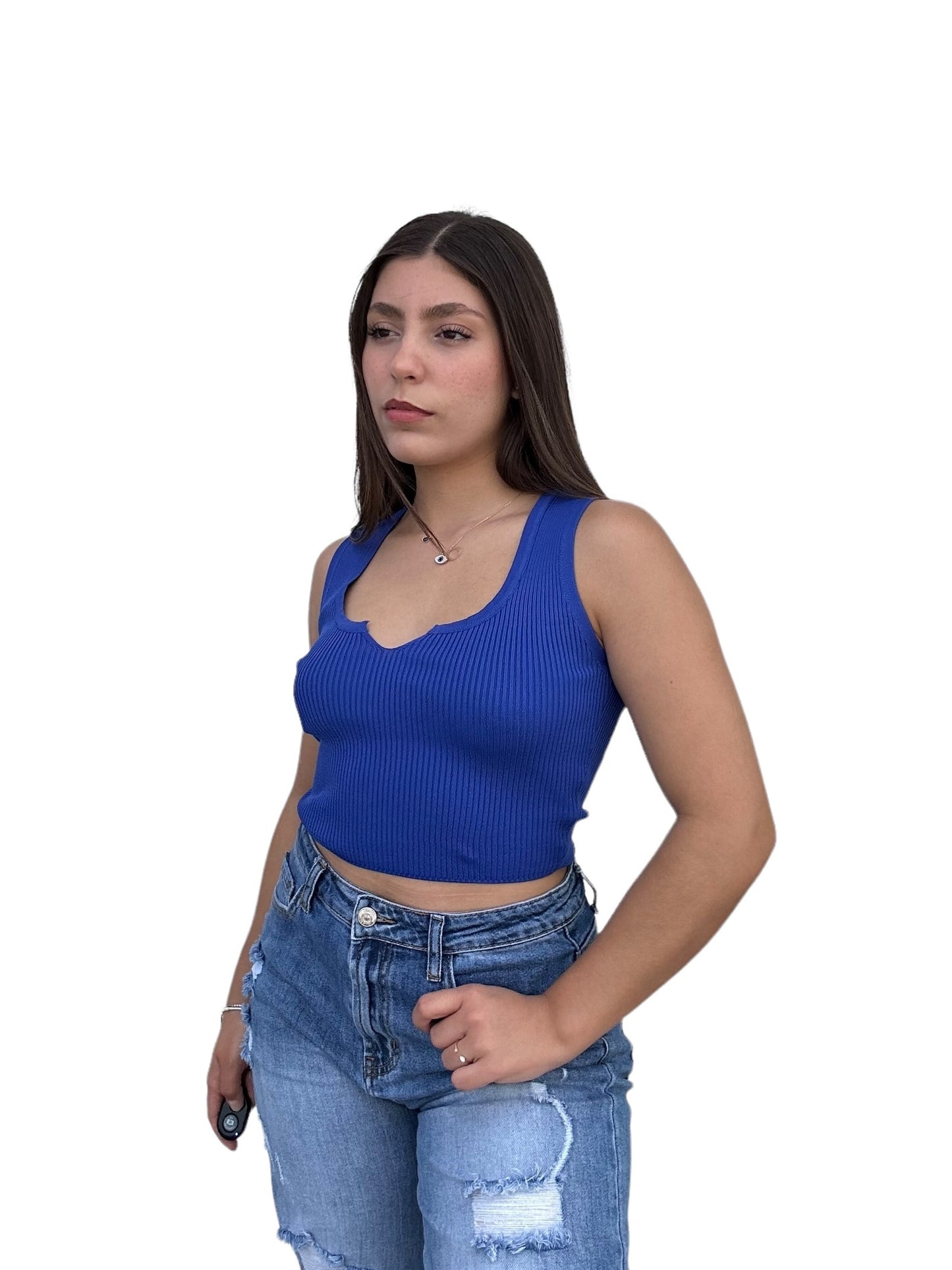 BLUSA SIN MANGAS PEQUEÑO ESCOTE V AZUL REY