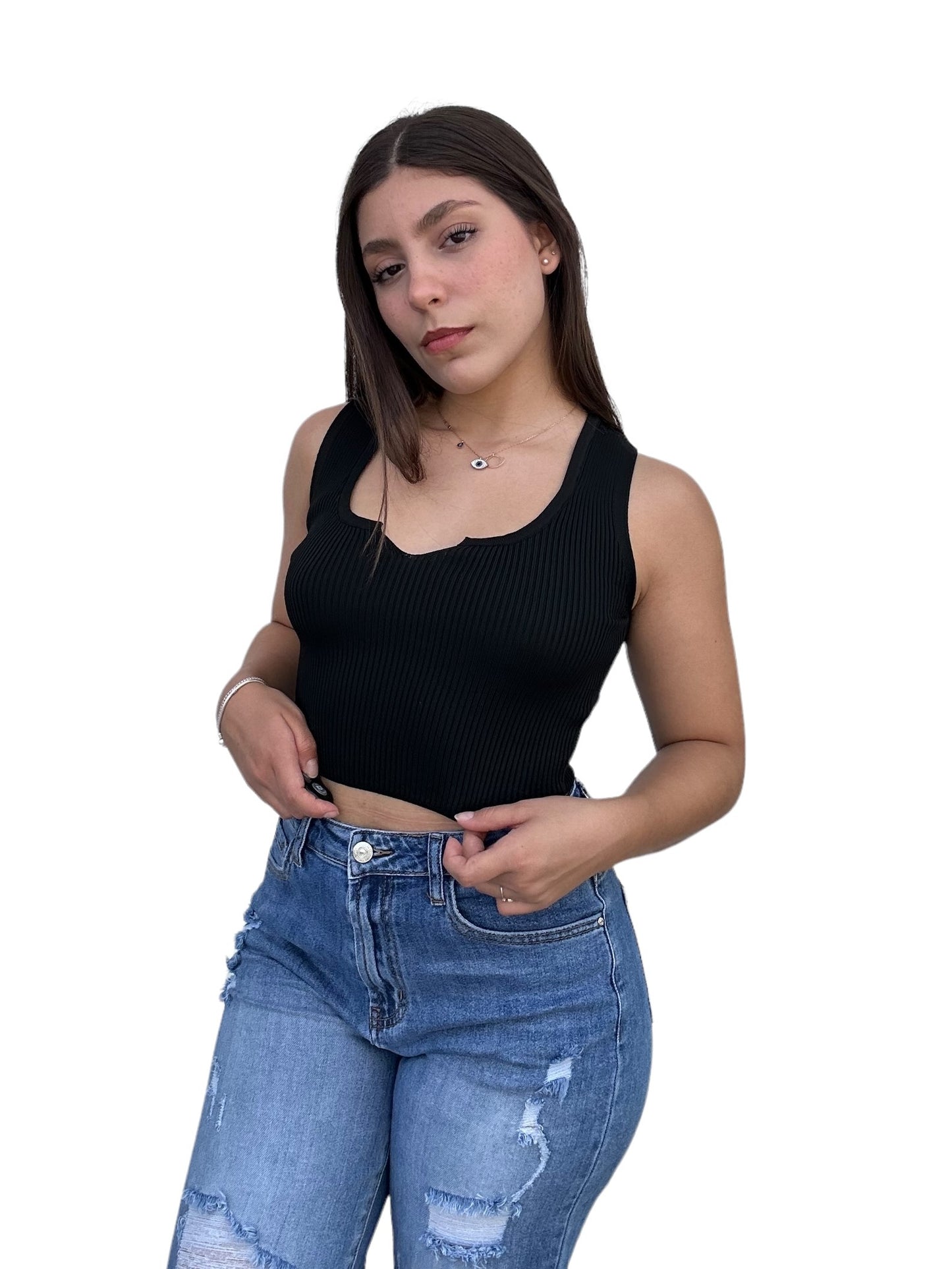 BLUSA SIN MANGAS PEQUEÑO ESCOTE V NEGRO